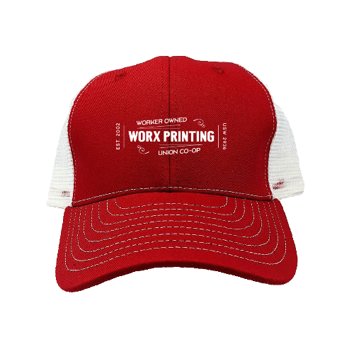 Worx Mesh Back Trucker Hat in vibrant red, showcasing breathable mesh design.