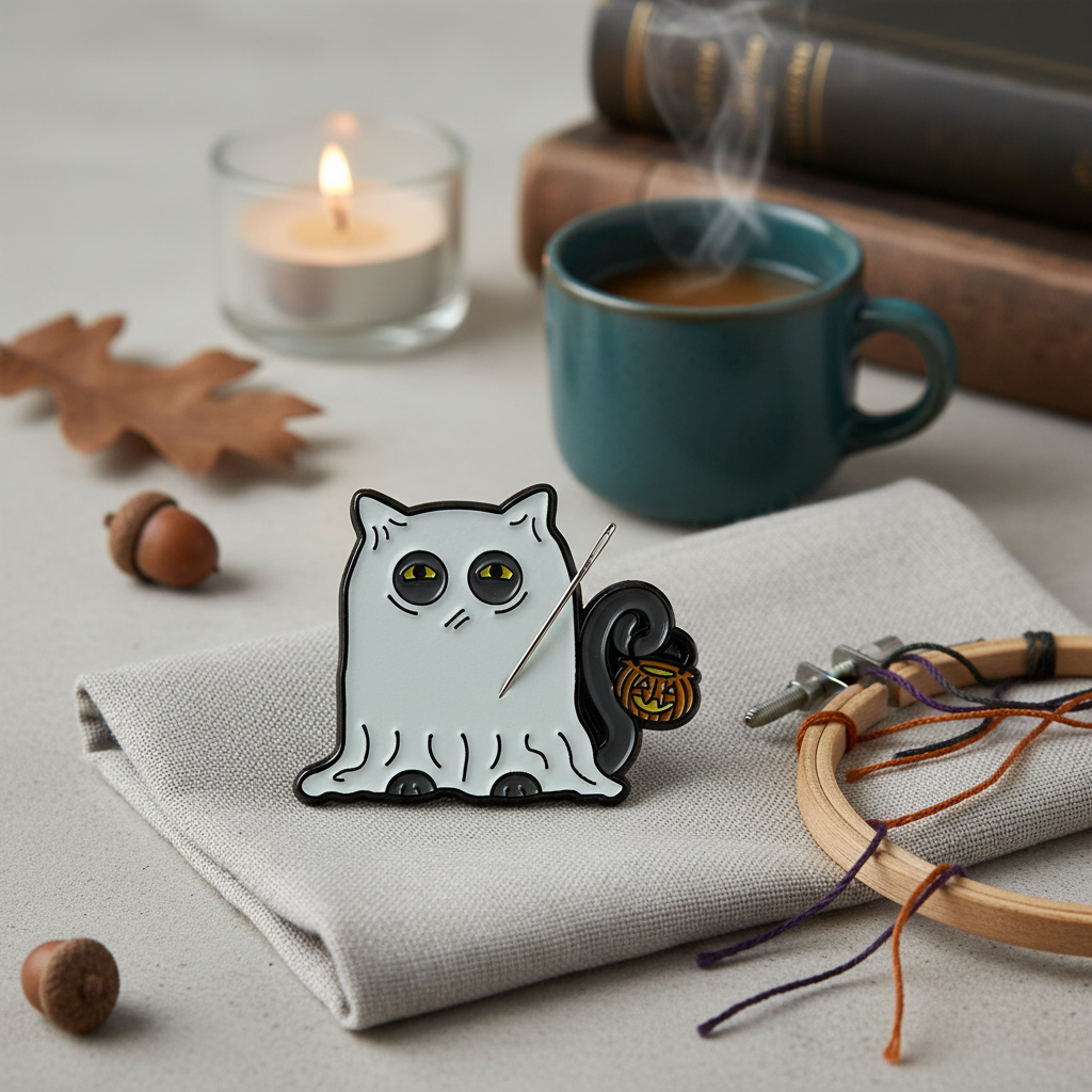 Glowing Ghost Cat Needle Minder on a wooden table, showcasing its unique design and vibrant colors.