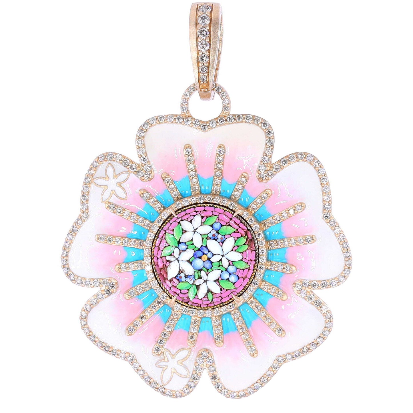 Antique Micro Mosaic Forget Me Not Pendant in Enamel Flower Bezel