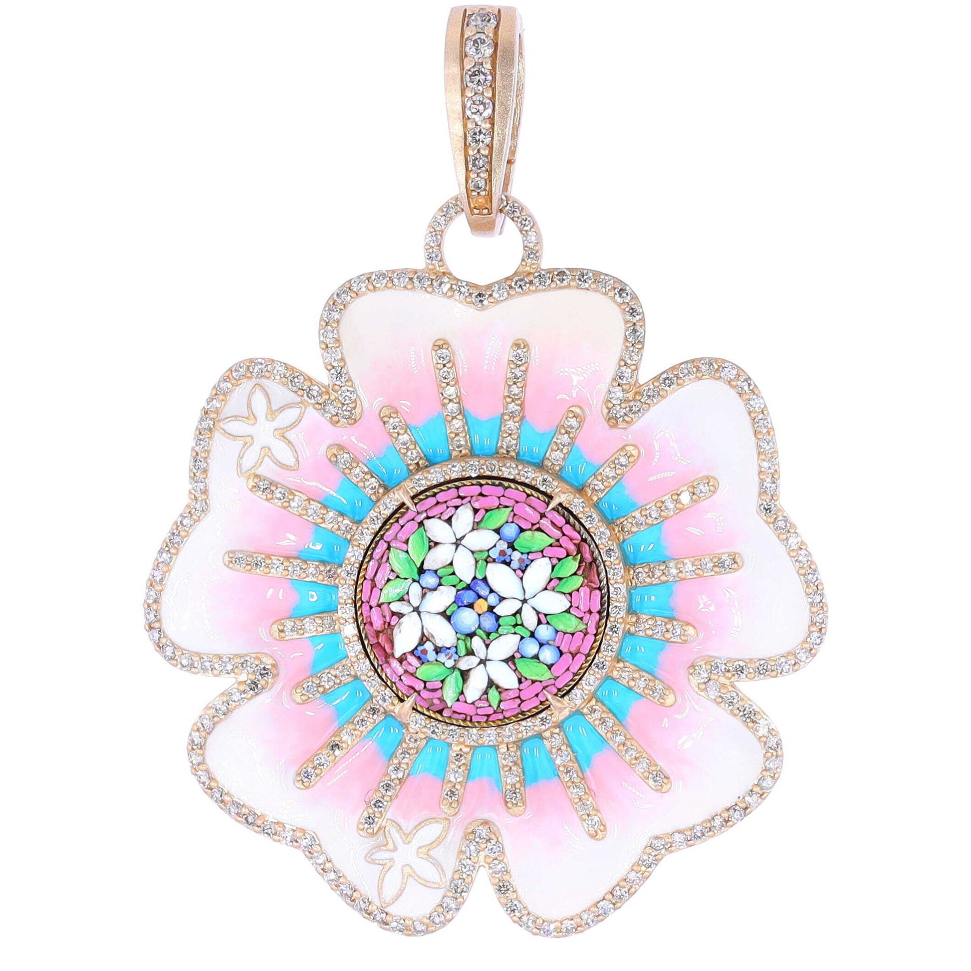 Antique Micro Mosaic Forget Me Not Pendant in Enamel Flower Bezel
