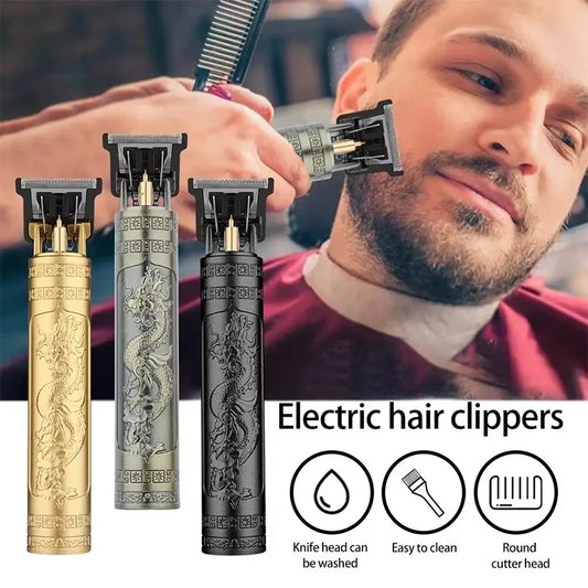 Máquina de corte de cabelo elétrica vintage Dragon Buddha T9 para homens, vista lateral do cortador recarregável