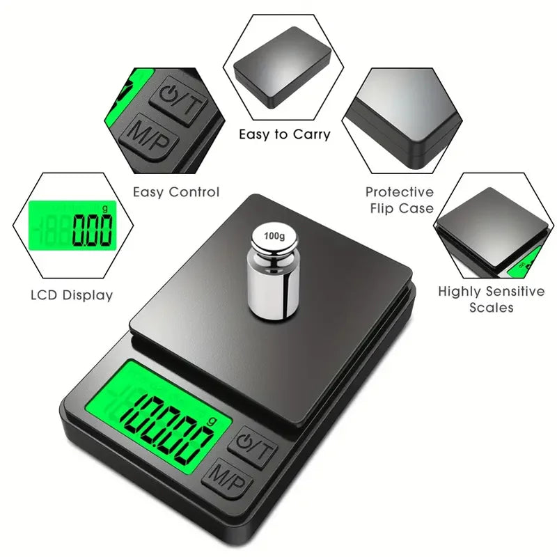Pocket precision scale 1000g x 0.01g with backlit LCD for food and jewelry, ideal for travel.