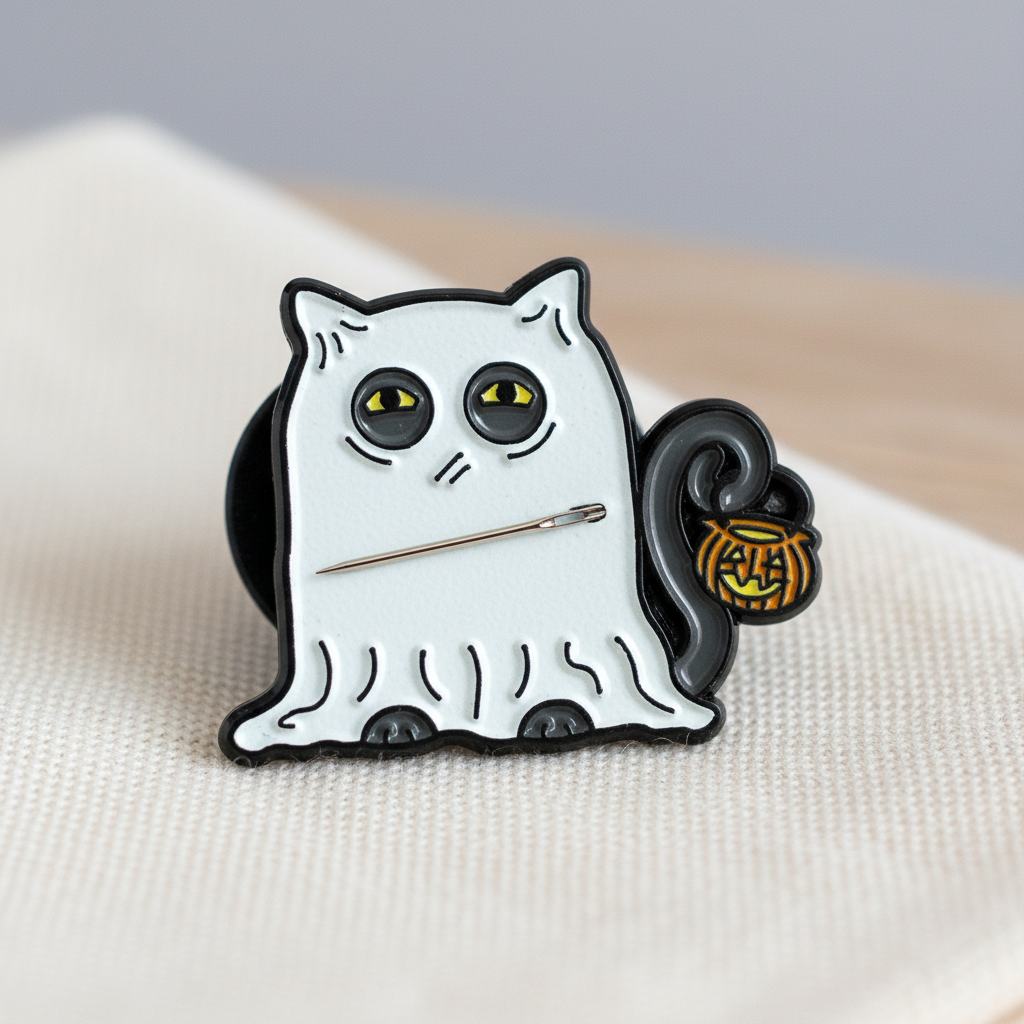 Glowing Ghost Cat Needle Minder on display, showcasing its unique design and vibrant colors.