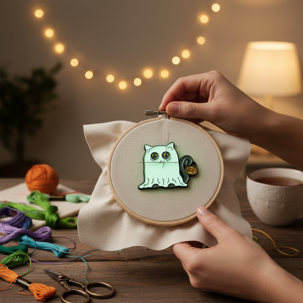 Glowing Ghost Cat Needle Minder with a cute cat design on a white background
