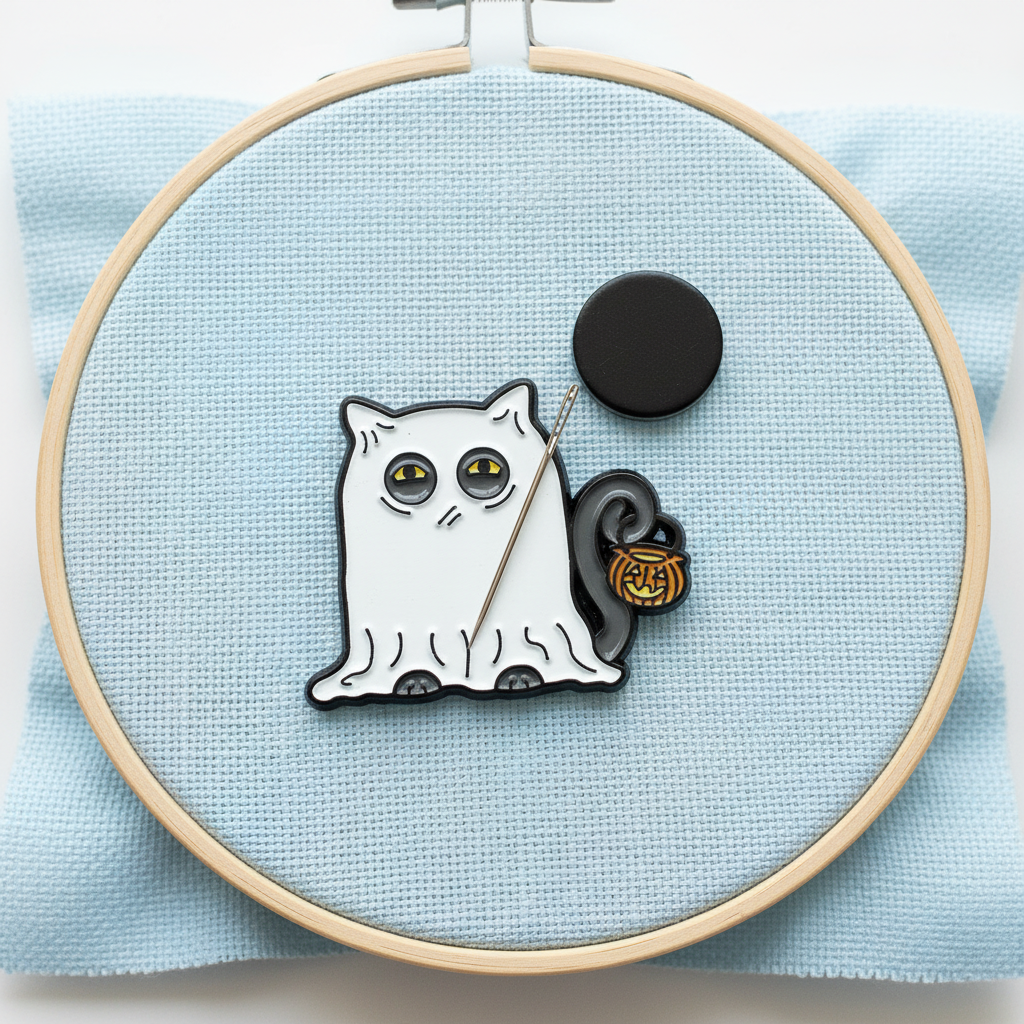 Glowing Ghost Cat Needle Minder in vibrant colors, perfect for organizing sewing needles.