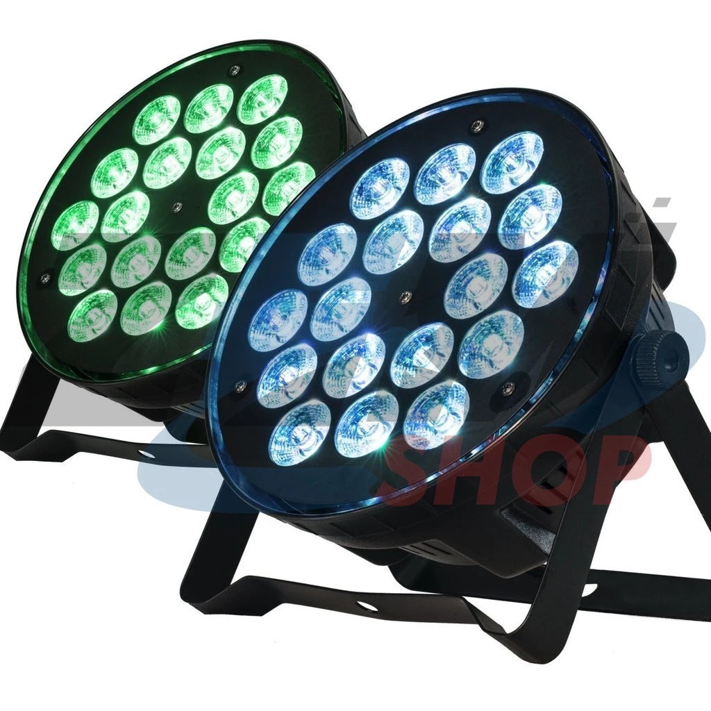 Canhao Refletor Par 64 with 18 LED lights, 12W RGBW DMX, showcasing its design and features in product image