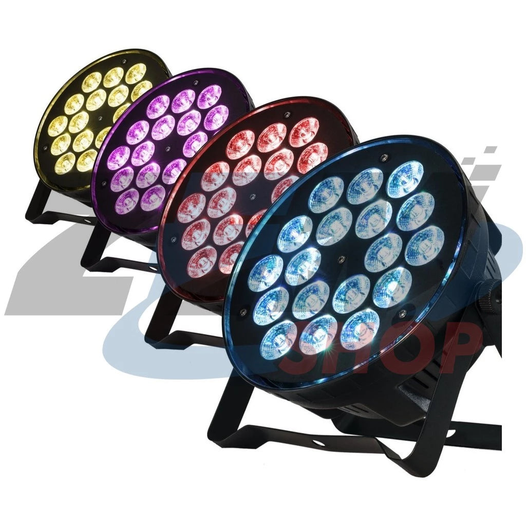 Canhao Refletor Par 64 with 18 LED lights, RGBW DMX, showcasing its sleek design and vibrant colors.