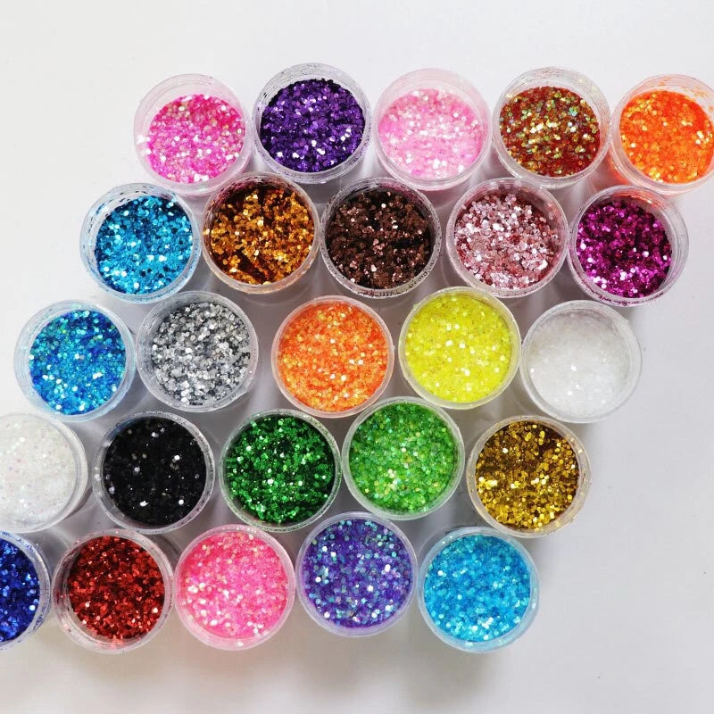 Colorful neon glitter kit with 24 flocado jars, perfect for crafts and decoration.