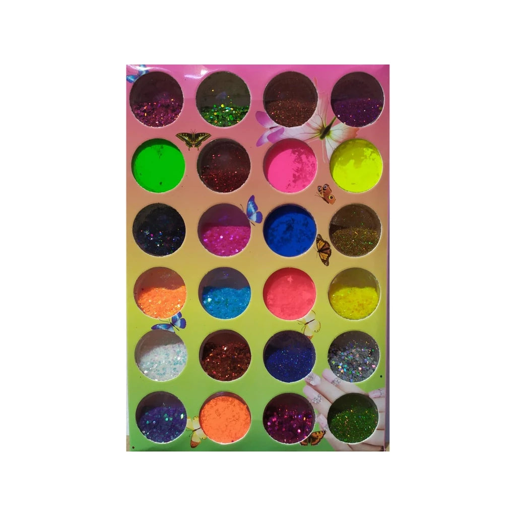 Kit 24 Glitter Flocado Colorido Neon in vibrant colors, showcasing the product in a neat arrangement.