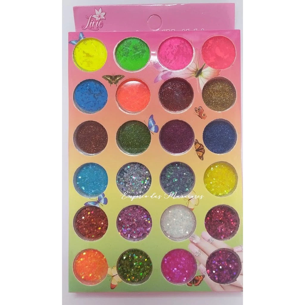 Colorful neon glitter flakes in a 24-piece kit, perfect for crafts and decoration.